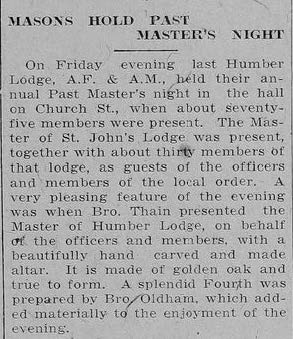 The Times & Guide April 27, 1921 Article Masons Hold Past Master's Night Hand Carved Altar Donated to Lodge On Behalf of Officers & Members