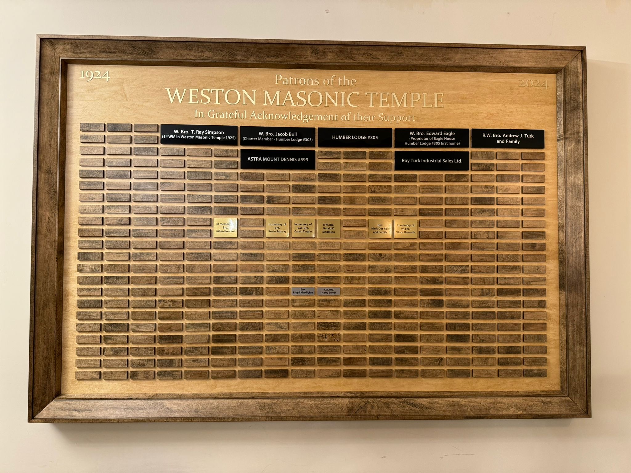 Patrons' Wall showing supporters of the Weston Masonic Temple